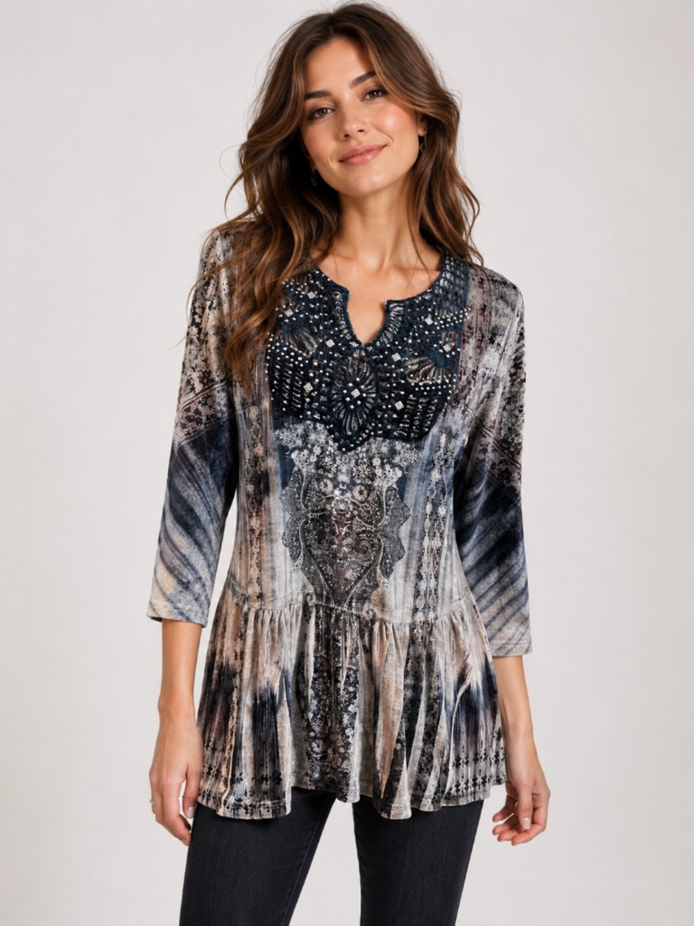 One World Silver Velvet Tunic Medium Boho Festival Witchcore